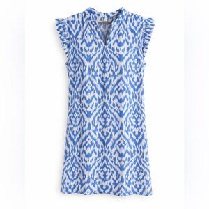 Blue & White Ikat Print Flutter Sleeve Dress | Boho Summer Shift Dress
